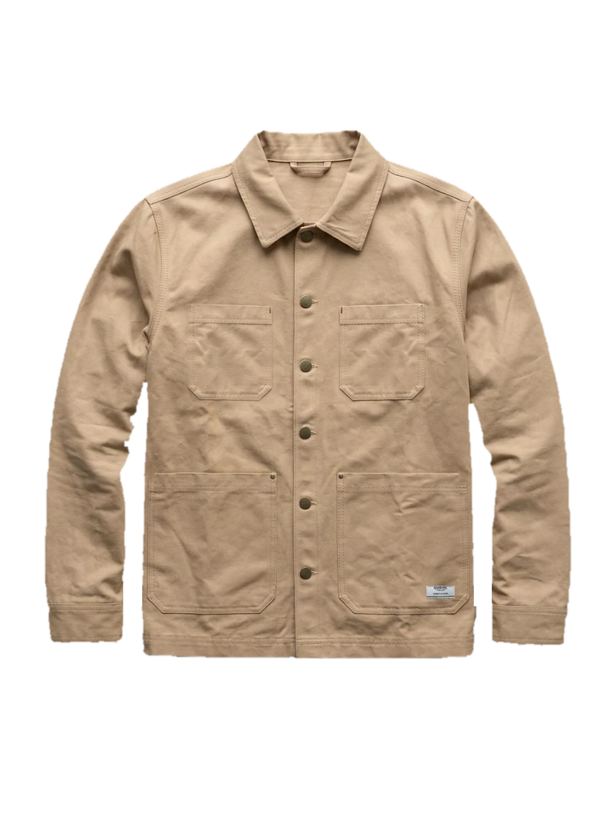 The Ridgeback Chore Jacket in sand cotton canvas, laid flat, with eight details marked.