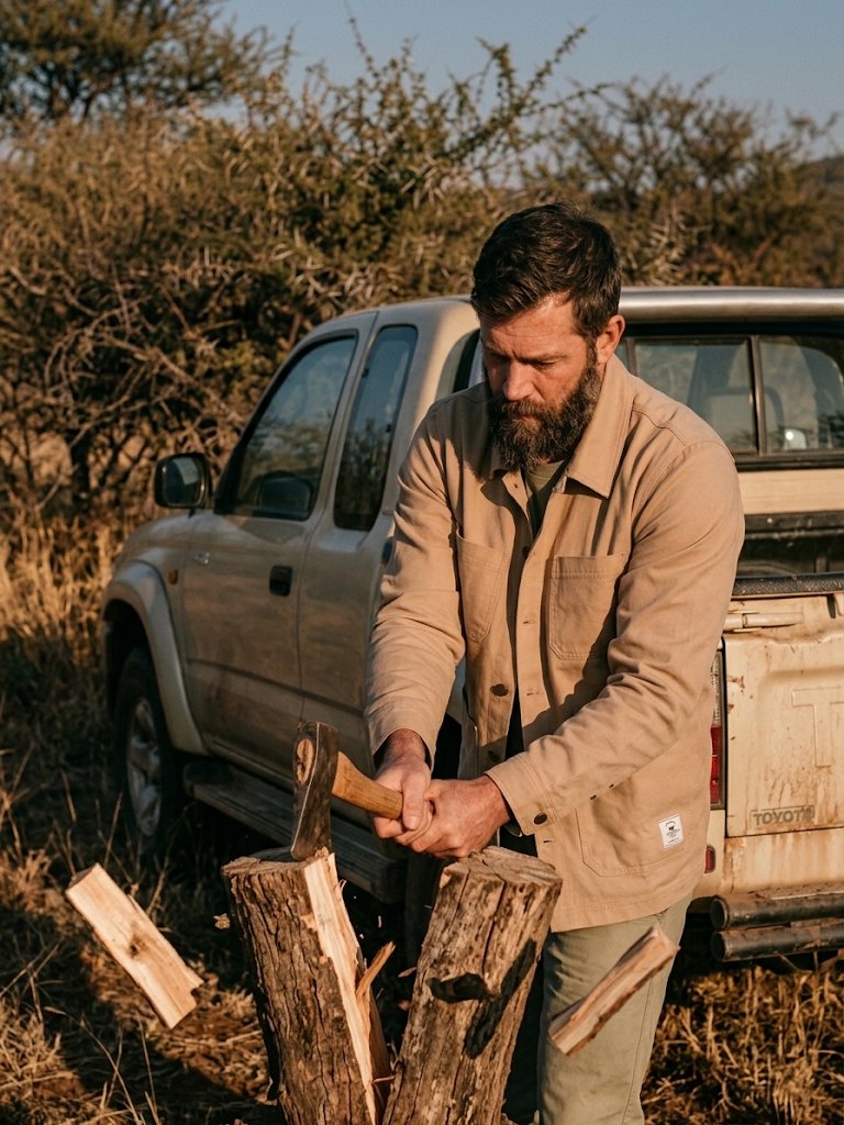 A man in the sand Chore Jacket splitting wood beside a bakkie.