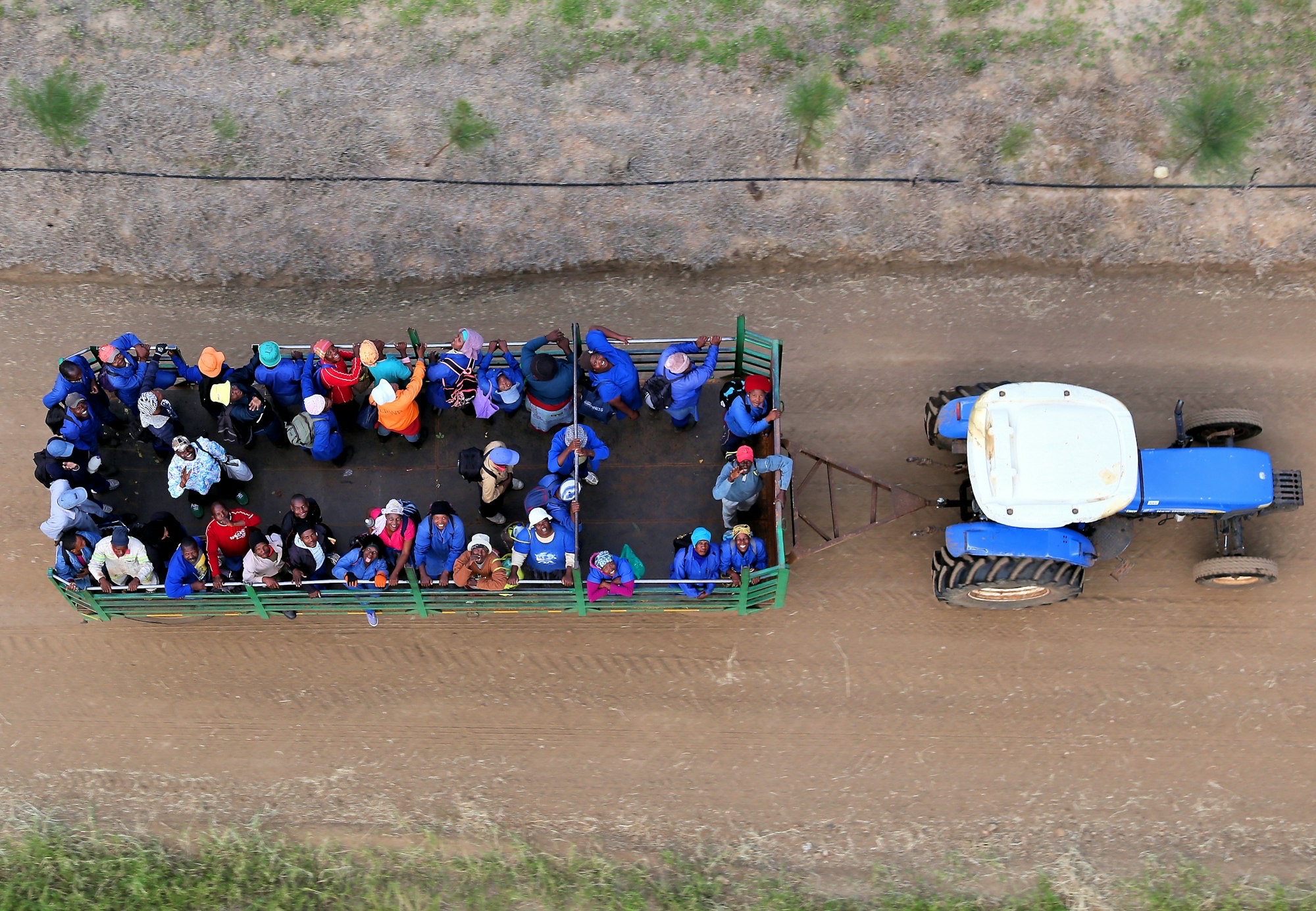 From above: a farm crew in work overalls riding a trailer behind a blue tractor.